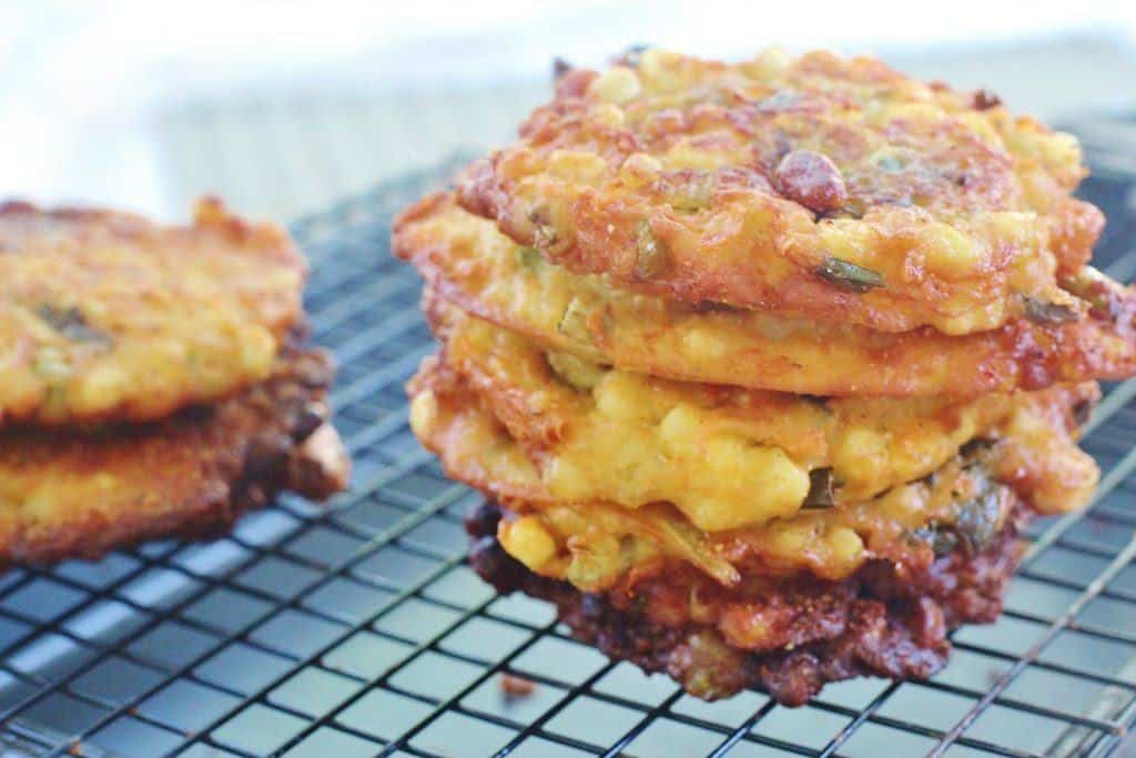 Savory Corn and Green Tomato Cakes on cooling rack.