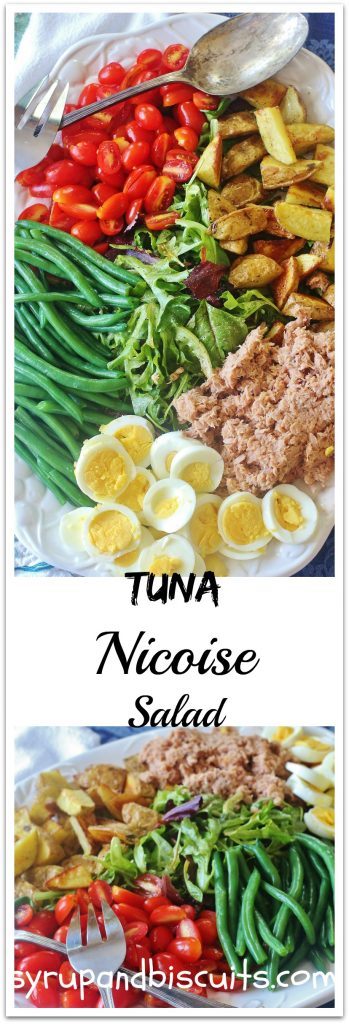 Tuna Nicoise Salad. A hearty salad made with tuna, roasted potatoes, green beans, boiled eggs and fresh tomatoes.