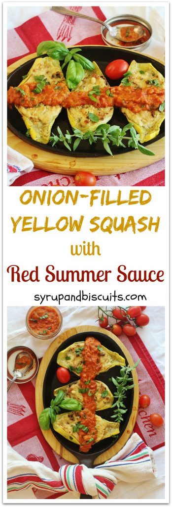 Onion Filled Yellow Squash with Red Summer Sauce. Caramelized Vidalia onion and cream cheese filling in a yellow squash served with red summer sauce. 