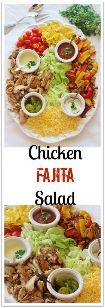 Chicken Fajita Salad. Marinated and roasted chicken thighs with seasoned peppers and onions served on a bed of lettuce with traditional fajita toppings.
