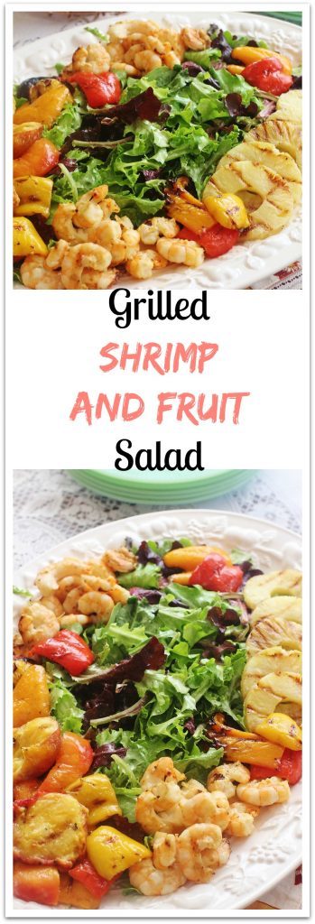 Grilled Shrimp and Fruit Salad. Wild caught Gulf shrimp, sweet bell peppers, nectarines and pineapple marinated in Creamy Honey Lime Dressing and grilled. Served atop a bed of spring lettuce mix.