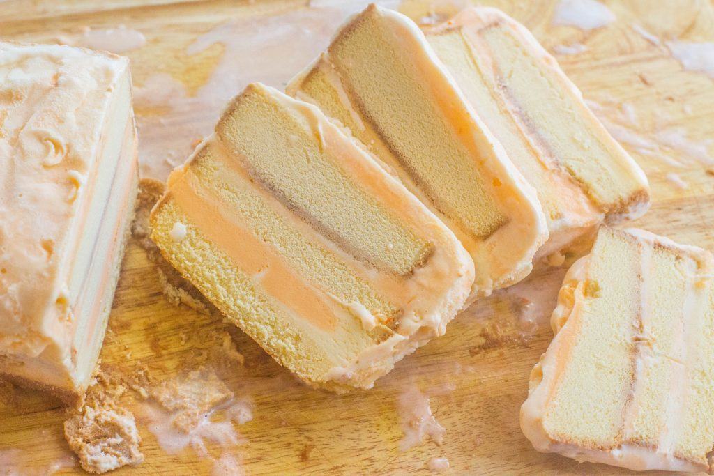 Creamsicle-Inspired Ice Cream Layer Cake. A frozen pound cake, orange sherbet and vanilla ice cream. An easy ice cream treat that will remind you of a childhood favorite ice cream.
