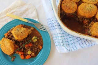 Hamburger Pot Pie with Herb Biscuit Topper. A family friendly meal of ground beef and vegetable filling topped with herb biscuits.