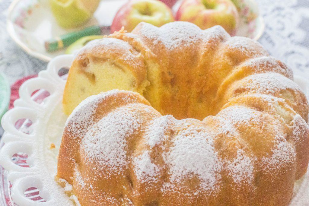 Fresh Apple Sour Cream Pound Cake on platter.