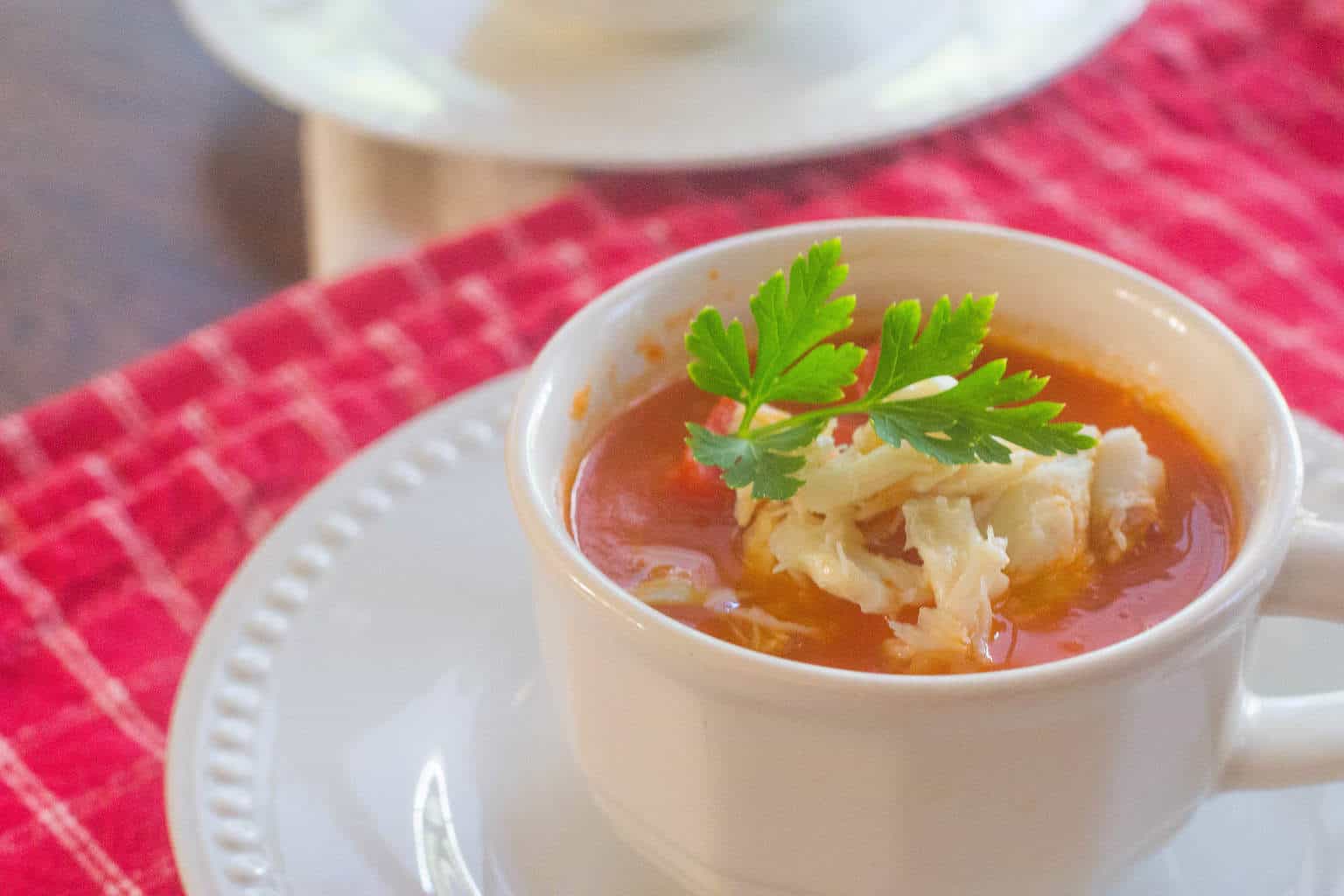 Roasted Red Pepper and Tomato Soup with Crab Syrup and Biscuits