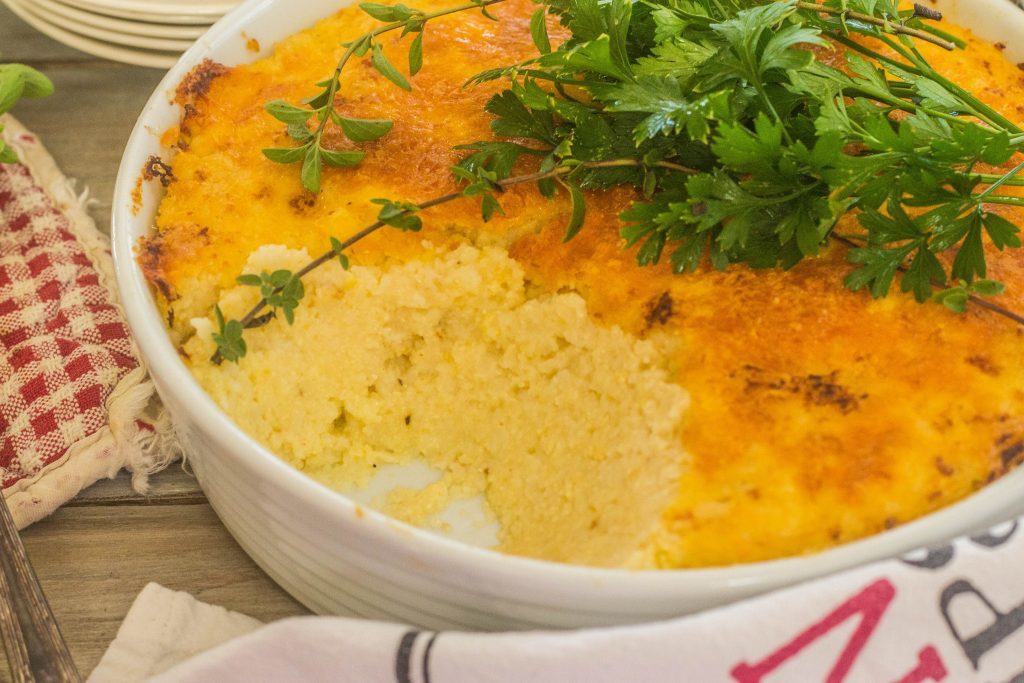 Cheese Grits Casserole in baking dish.