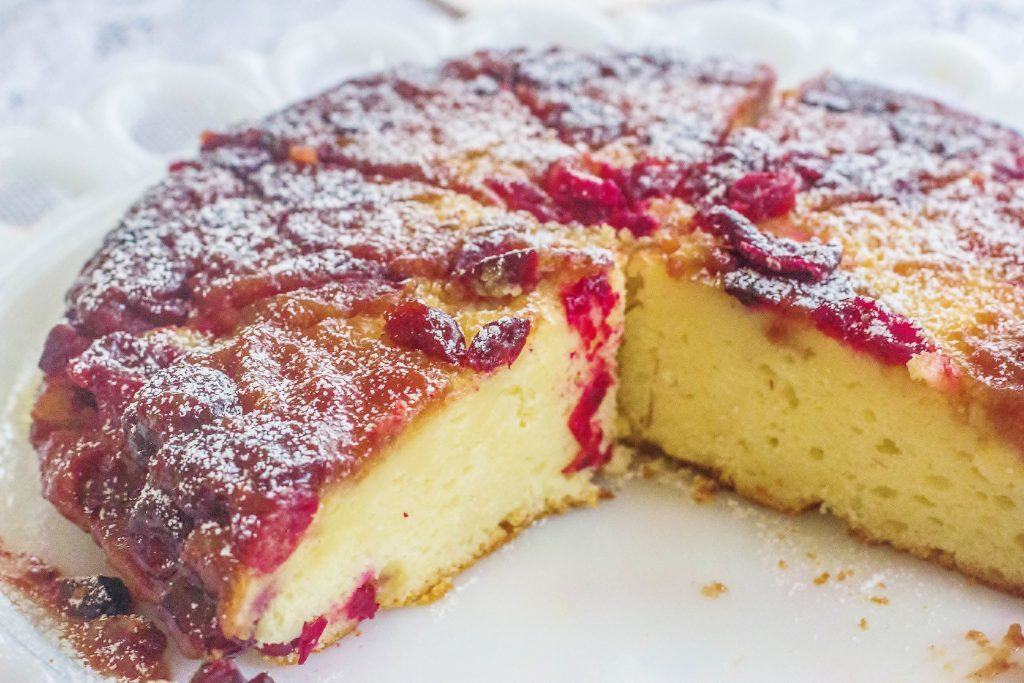 Cranberry Upside-Down Skillet Cake. A cream cheese skillet cake and a cranberry caramelized topping.
