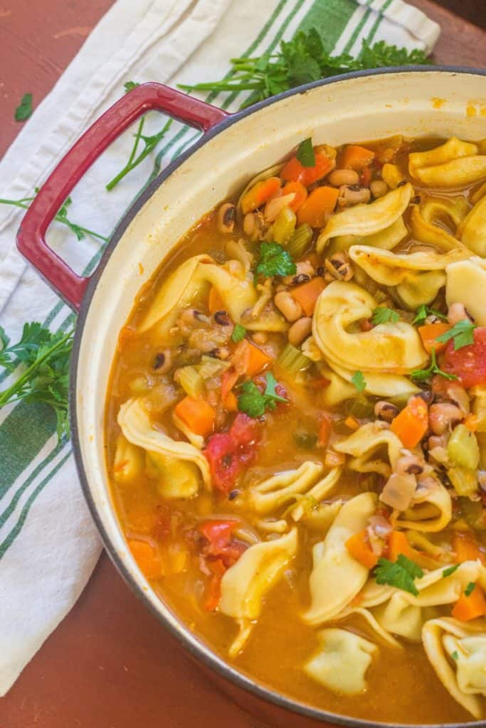 Black-eyed Pea and Tortelloni Soup. Chock full of vegetables, black-eye peas and tortelloni filled with ricotta cheese and spinach. 