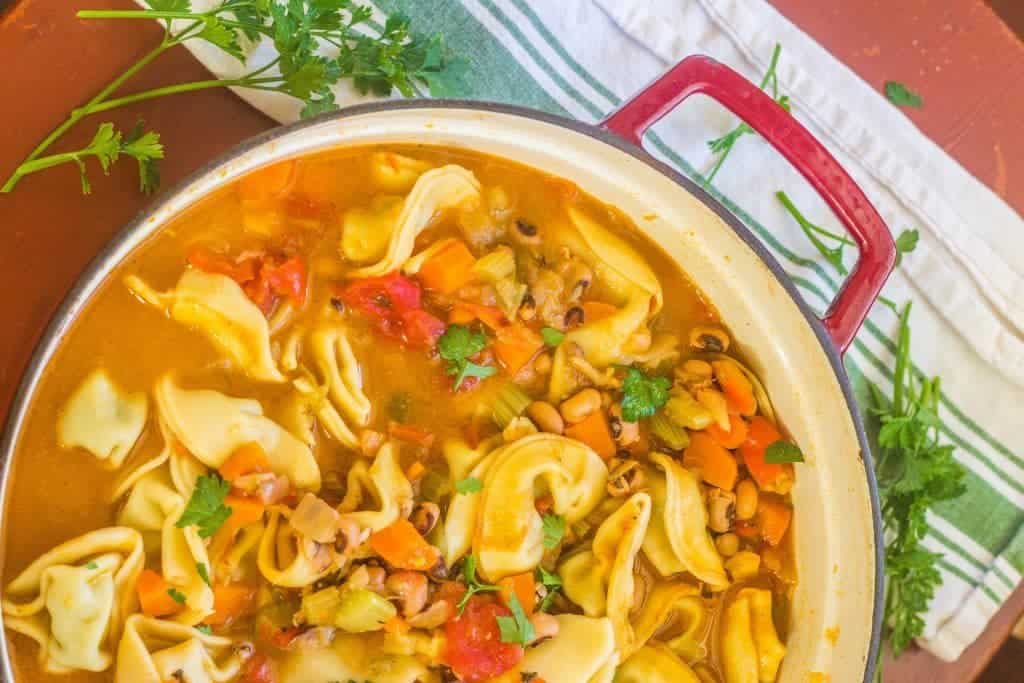 Black-eyed Pea and Tortelloni Soup. Chock full of vegetables, black-eye peas and tortelloni filled with ricotta cheese and spinach. 