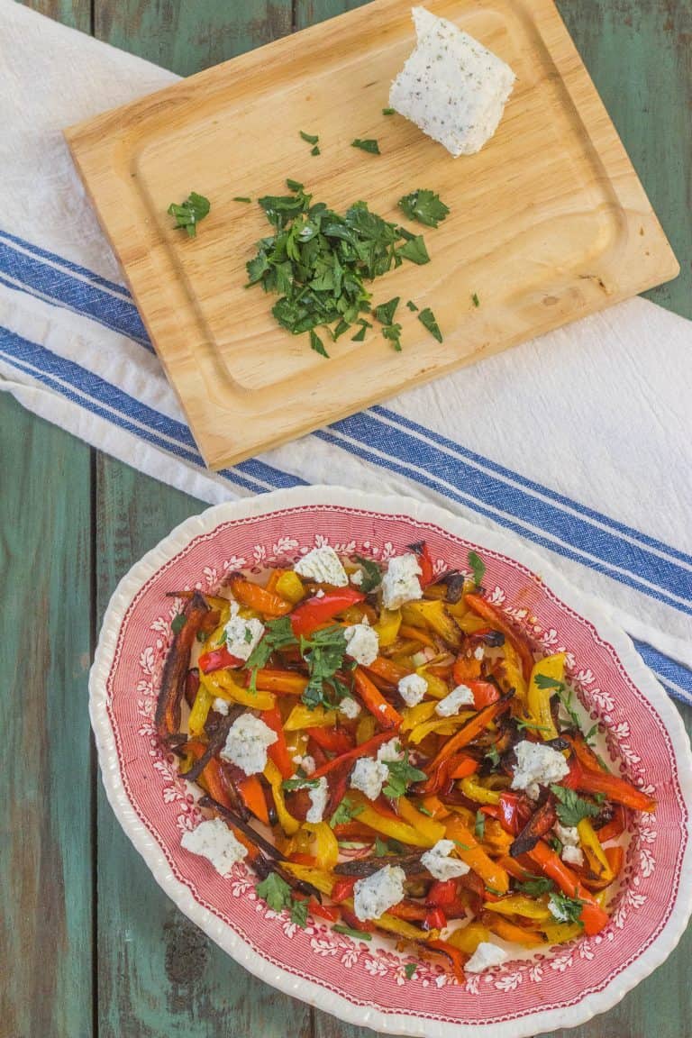 Simple Roasted Sweet Bell Peppers with Herbed Goat Cheese Syrup and Biscuits