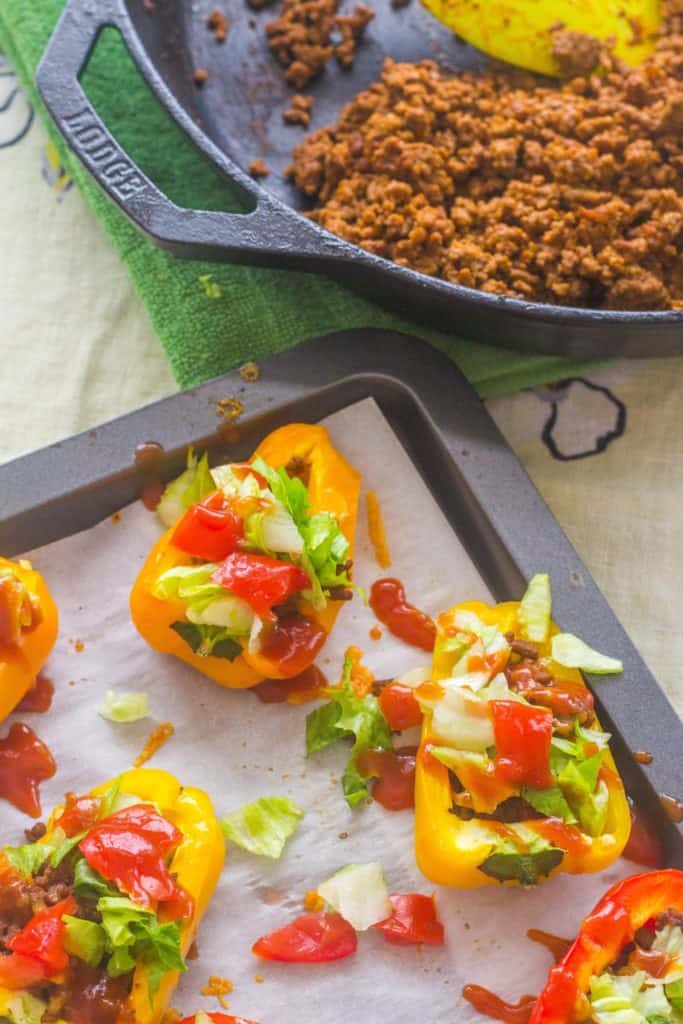 Low-Carb Taco Stuffed Sweet Bell Peppers. Sweet, crunchy, and colorful bell peppers replace corn tortillas for a low carb version of tacos.