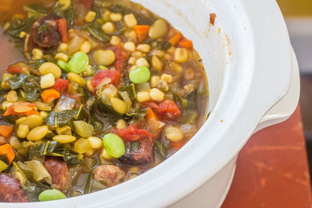 Slow-Cooker Sausage and Succotash Soup with Collards.. Smoked country sausage with corn, butterbeans, and collards in a slow-cooker meal.