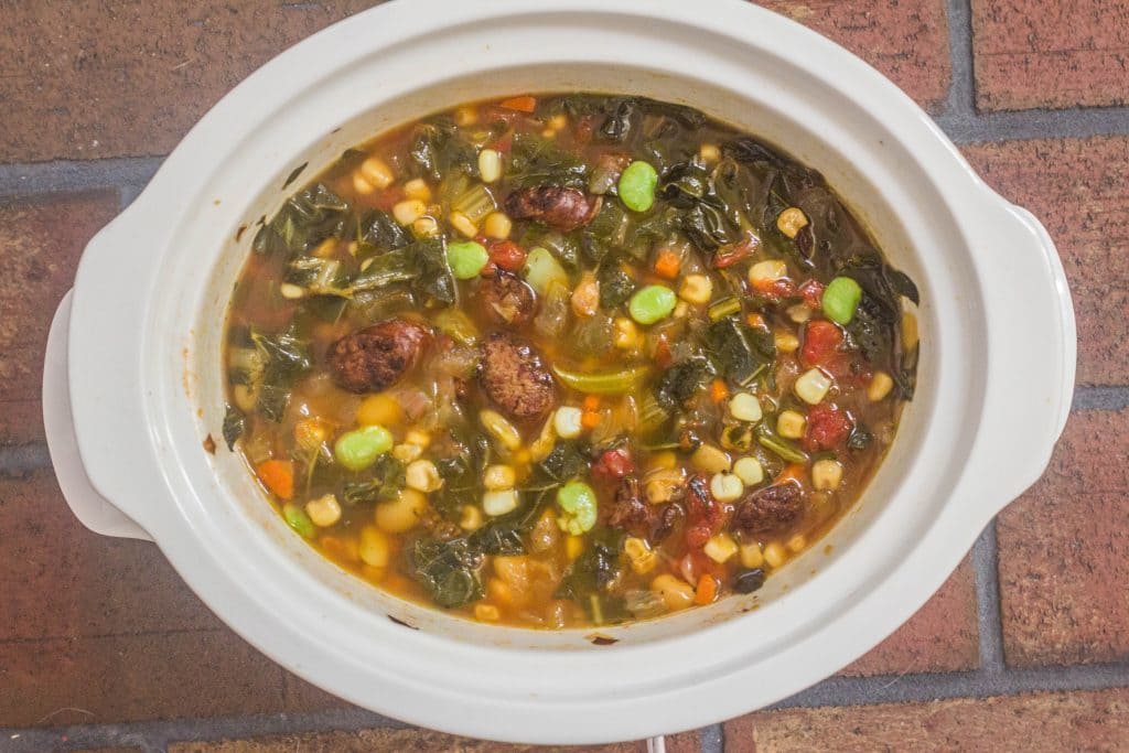 Slow-Cooker Sausage and Succotash Soup with Collards.. Smoked country sausage with corn, butterbeans, and collards in a slow-cooker meal.