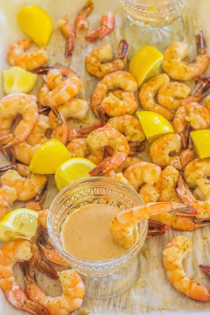 Oven Roasted Gulf Shrimp with Lemon and Comeback Sauce.