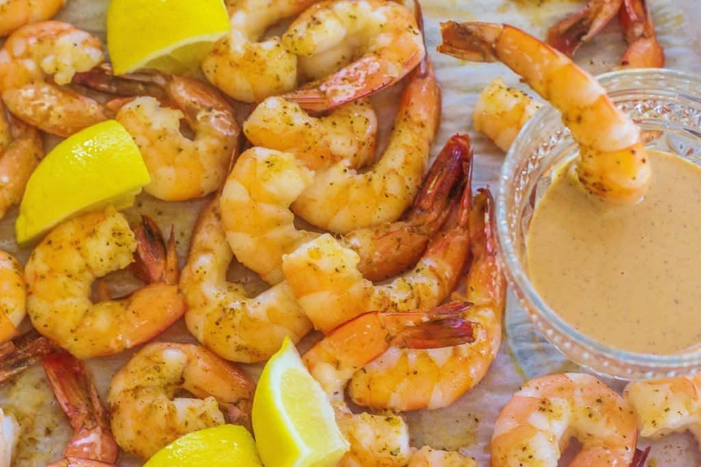 Oven Roasted Gulf Shrimp with Lemon and Comeback Sauce. 