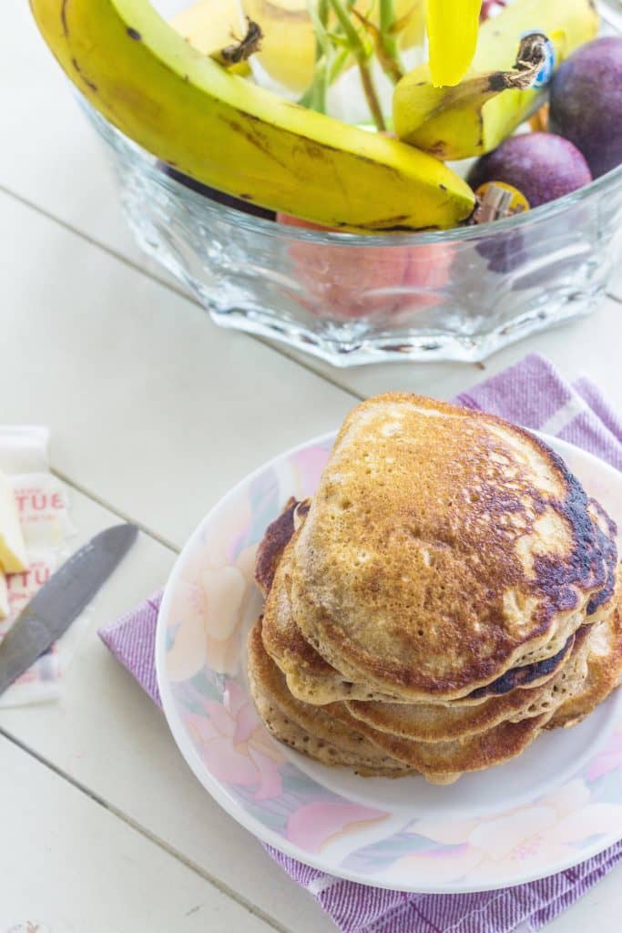 One Bowl Buttermilk Banana Cinnamon Pancakes. Easy to make hardy pancakes. Everything mixes in one bowl. Serve warm with butter and syrup.