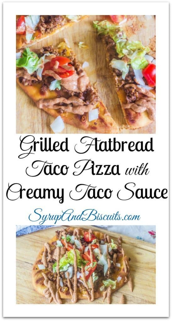 Grilled Flatbread Taco Pizza with Creamy Taco Sauce. Made with pre-packaged naan bread, taco seasoned ground beef and your favorite taco toppings. Topped with an easy and creamy homemade taco sauce.