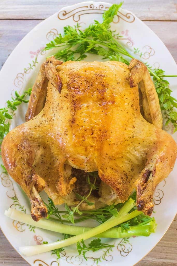  Whole Roasted Chicken is a dish that everyone who cooks chicken needs in their stable of dishes they've perfected. It's roasted simply in a cast iron skillet with a seasoning mix and melted butter.