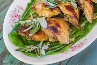Buttermilk Sage Brined Roasted Chicken Thighs are tender , juicy, and packed full of flavor.  Buttermilk not only flavors but tenderizes, also.  The amount of seasoning in the brine is sufficient.  No need for more salt and pepper before cooking.