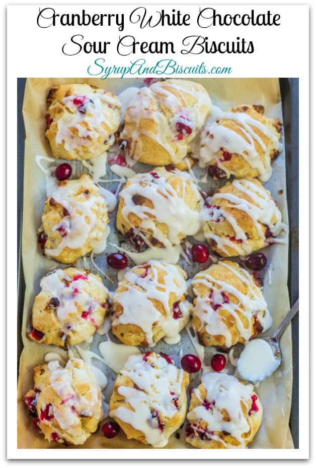 Christmas Cranberry White Chocolate Sour Cream Biscuits are the perfect balance of tart and sweet.  Sour cream makes the texture as light and fluffy as air. No rolling or cutting required. #cranberry #breakfast #biscuits
