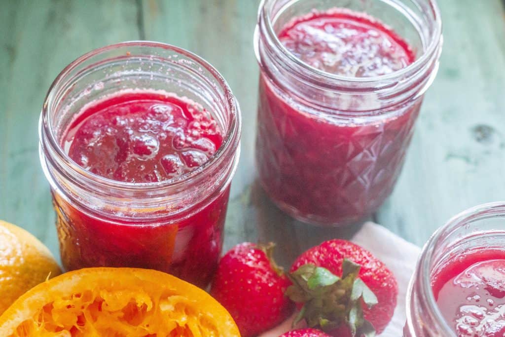 Strawberry Sangria Refrigerator Jam in jars.