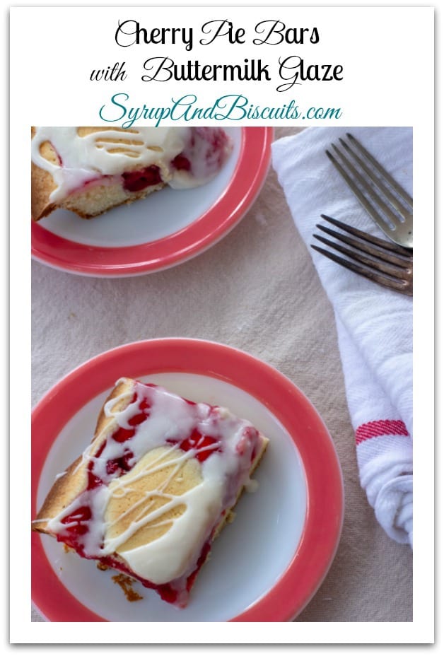 Cherry Pie Bars with Buttermilk Glaze. A soft, buttery cake base topped with canned cherry pie filling with a drizzle of buttermilk glaze. #cherry #bars #cookie #syrupandbiscuits