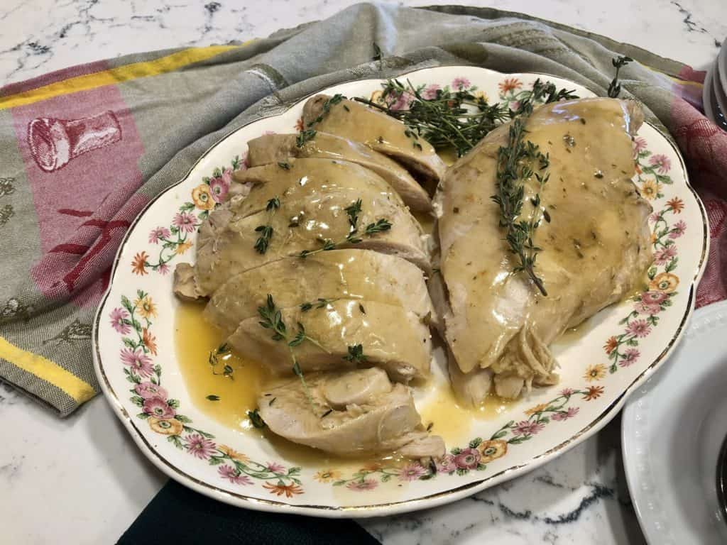 Turkey breast with gravy on platter