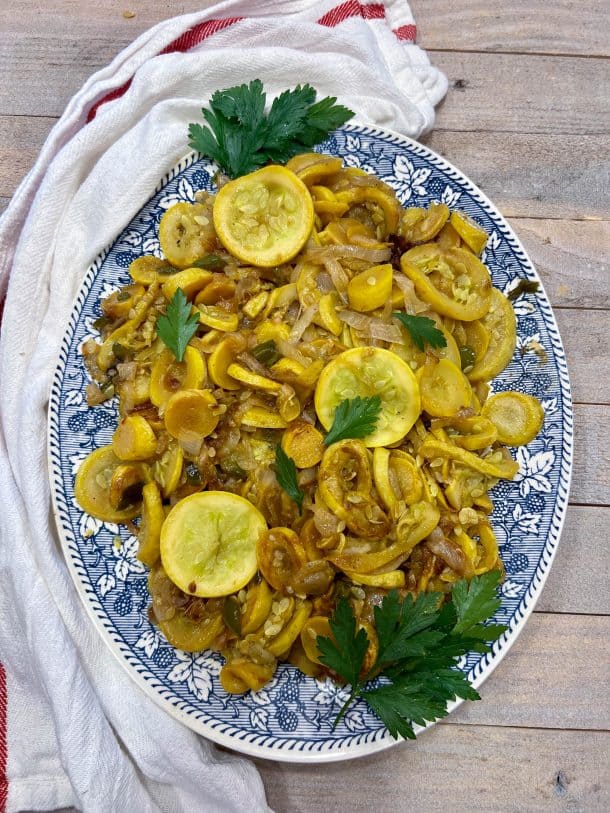 Stewed Summer Squash and Sweet Onions Syrup and Biscuits