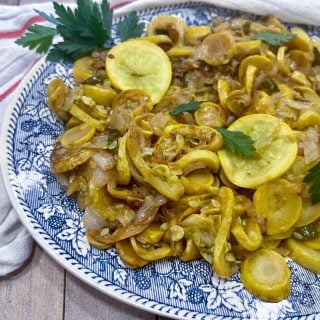 Stewed Summer Squash and Sweet Onions on a serving platter
