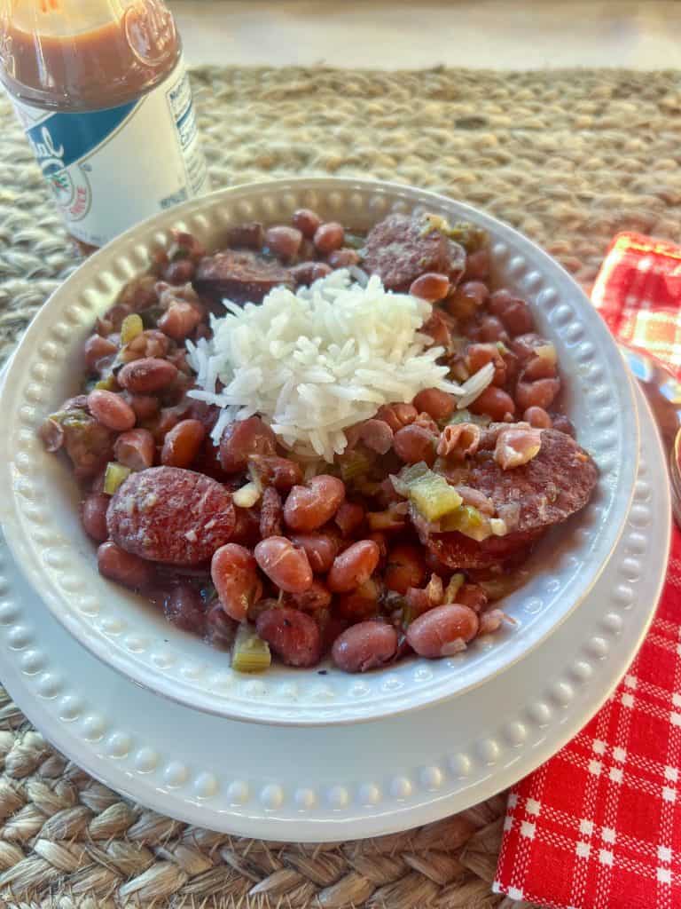red beans and rice in a white bowl.